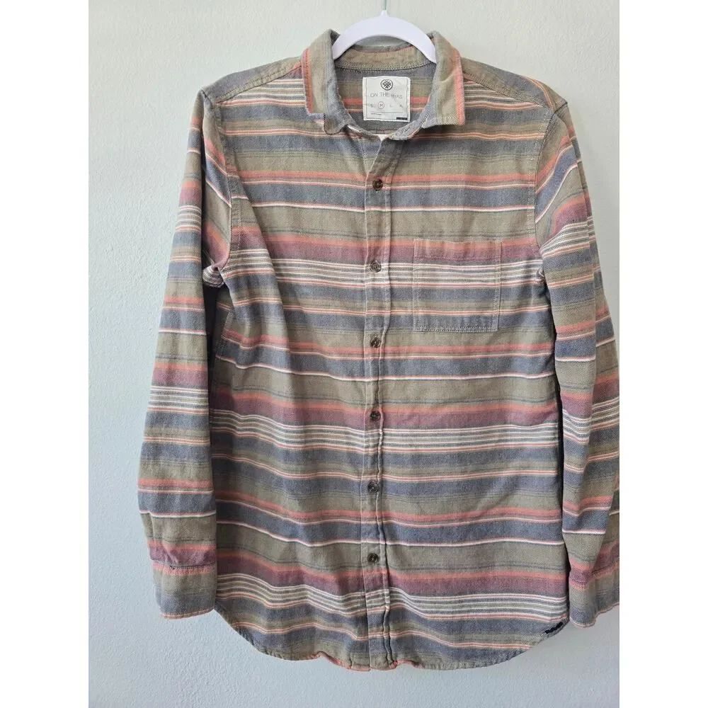 On The Byas Striped Flannel Shirt Men's M Cotton Button Up Surf Mountains